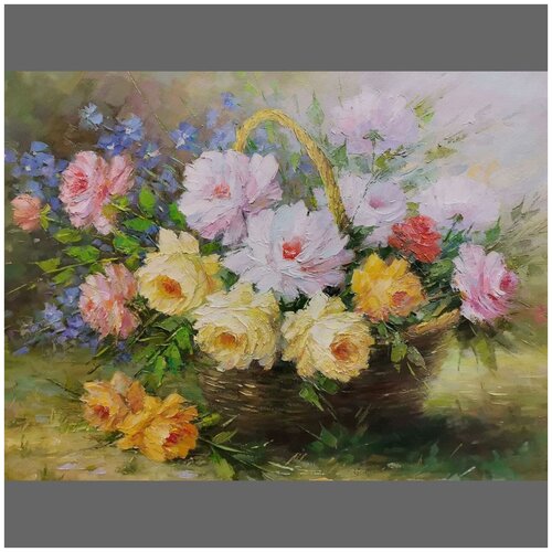 Картина «Розы в корзине», Разгоняев В. М. художник, 60х80см, холст масло, авторская живопись, Саратов
