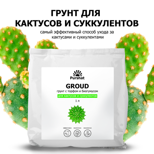 Грунт (земля) для кактусов и суккулентов Пуршат. Почвогрунт с торфом и биогумусом для удобрения (Purshat) 1 л зеленый