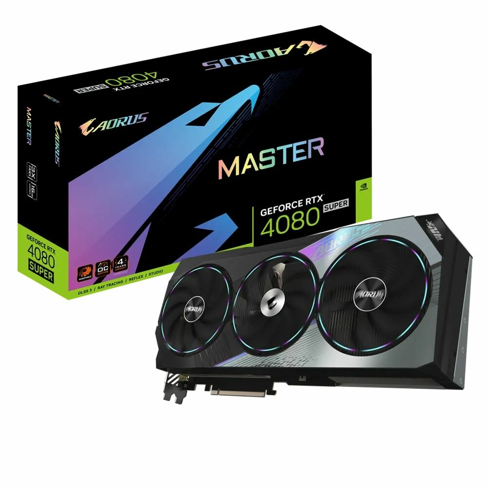 Видеокарта, Gigabyte, RTX4080 SUPER AORUS MASTER 16G (GV-N408SAORUS M-16GD) 4719331354213, GDDR6X, 256bit, 1-HDMI, 3-DP, Windforce 3X Fan, 357*163*75 мм, Цветная коробка