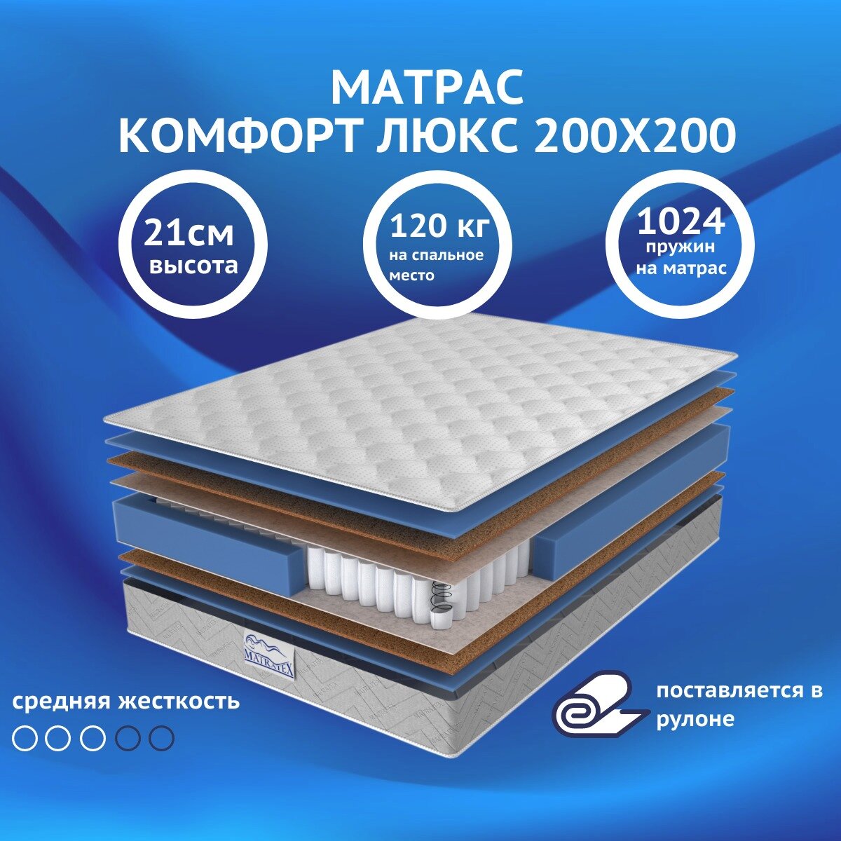 Матрас комфорт люкс 200х200 MATRATEX, независимые пружины, двусторонний, средняя жесткость, двуспальный