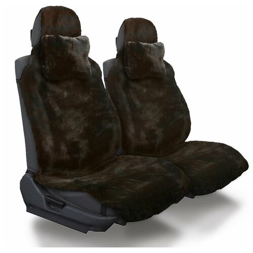 Меховые чехлы из шоколадного мутона с подголовниками и подушками для головы и шеи Накидки на водительское автокресло и сиденье переднего ряда 7655₽