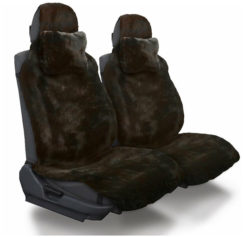Меховые чехлы из шоколадного мутона с подголовниками и подушками для головы и шеи. Накидки на водительское автокресло и сиденье переднего ряда