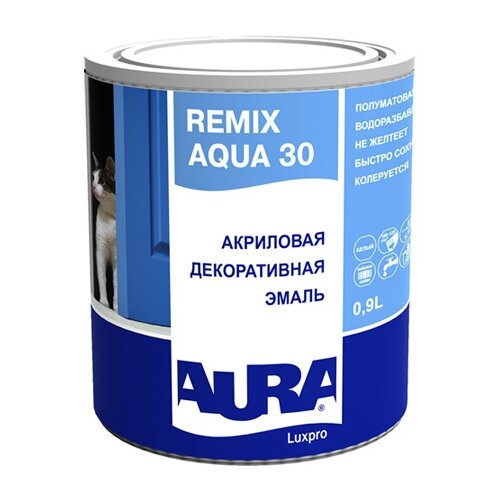 Эмаль акриловая (АК) Aura Remix Aqua 30, полуматовая, белый, 1.1 кг, 0.9 л