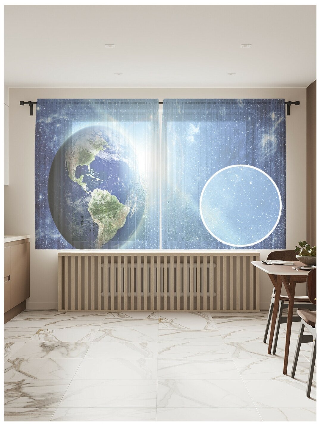 Тюль, фототюль короткий JoyArty "Космический свет" высота 180 см, ширина 145 см (2 полотна) на шторной ленте, крючки в комплекте