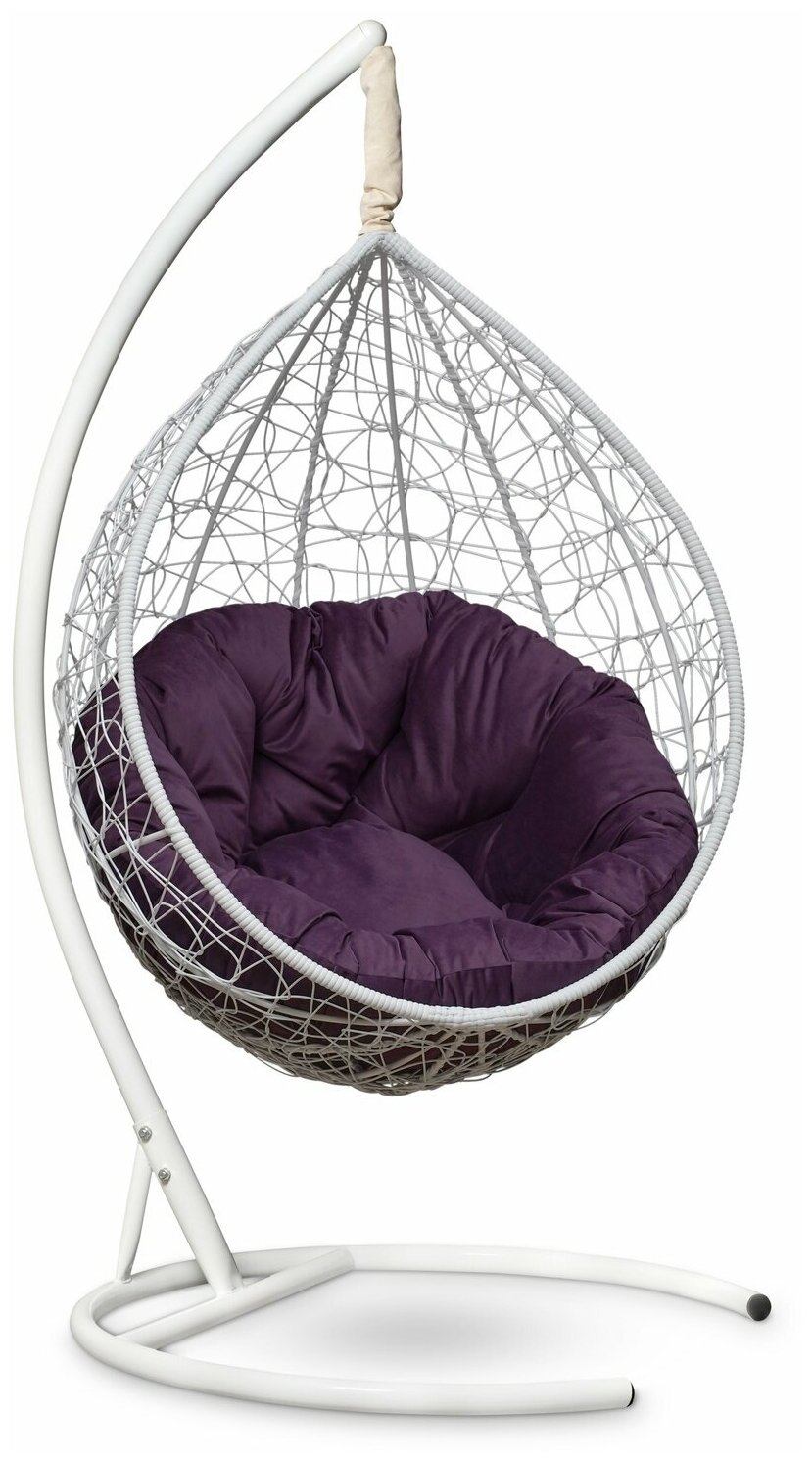 Подвесное кресло-кокон SEVILLA VERDE VELOUR белый + каркас (фиолетовая подушка)