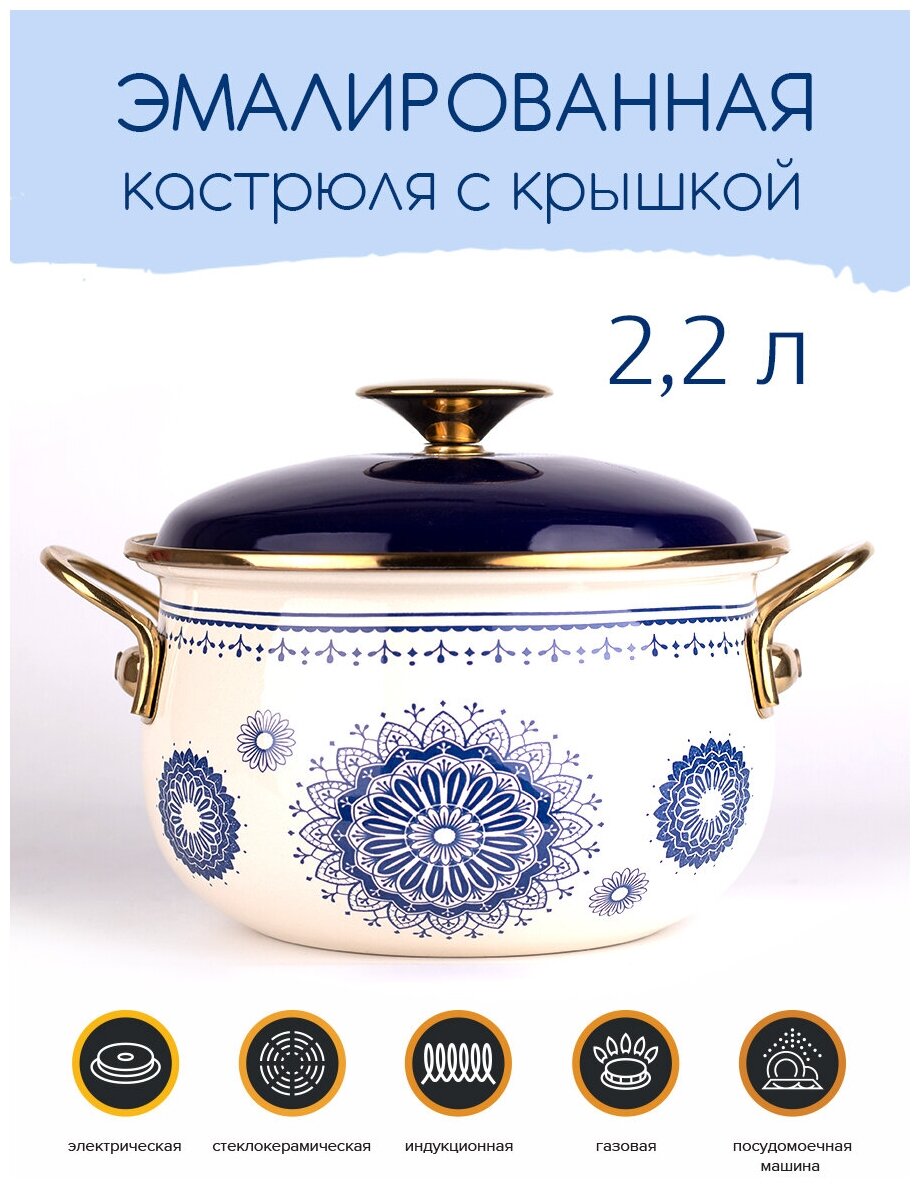 Кастрюля эмалированная Ø16см, 2,2л, Сияние, синий, крышка - эмаль, Катюша, арт. 5020-220-1