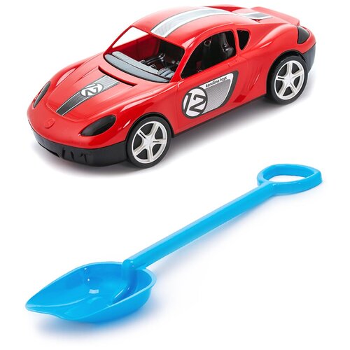 фото Набор игрушек малышу игрушка "детский автомобиль" (молния) красный + лопатка 50 см. голубой karolina toys