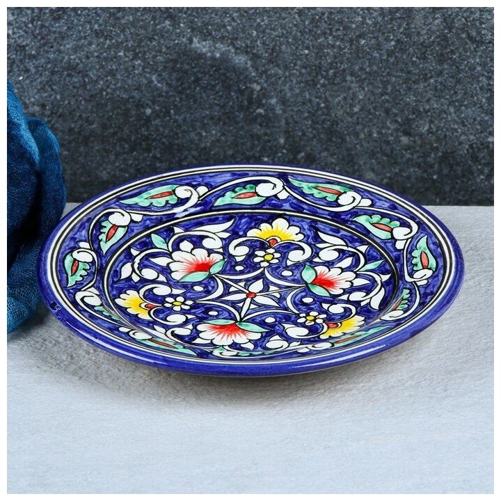 Шафран Тарелка Риштанская Керамика "Цветы", синяя, плоская, 17 см