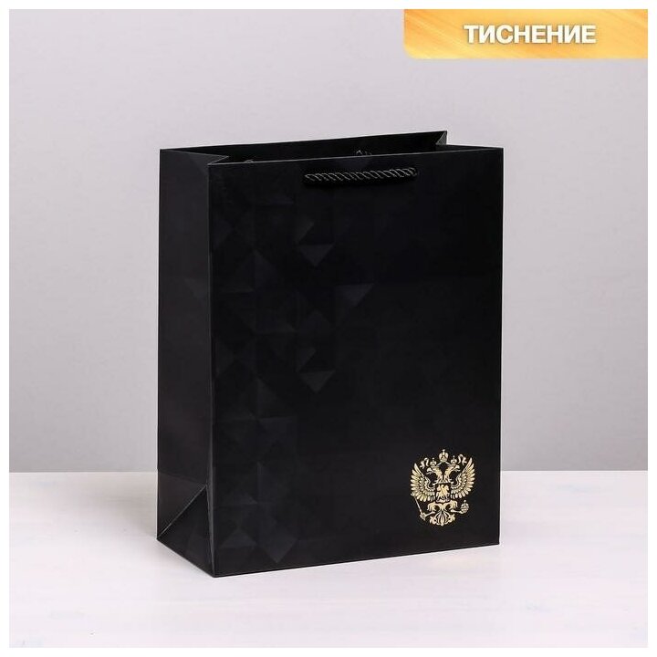Пакет подарочный черный с гербом «Отечество наше» вертикальный, 25 × 32 × 12 см