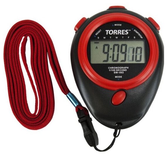 Секундомер Torres Stopwatch, арт. SW-002, часы, будильник, дата, шнур с карабином, черно-красный