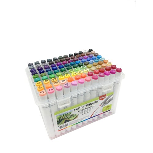 Набор двусторонних маркеров для скетчинга и творчества, пластиковый бокс с ручкой, 108 цветов