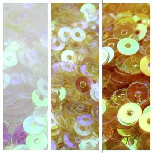 Комплект из трех видов товара пайетки прозрачные 4 мм цвета золотой 10 гр оранжевый 10 гр белый 10 гр Всего в комплекте 30 гр товара 439₽