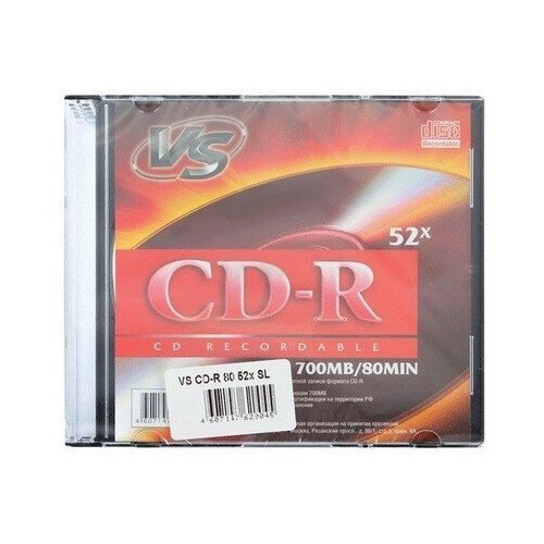 фото Диск cd-r vs 700 mb, 52x, slim case (5), ink printable (5/200)
