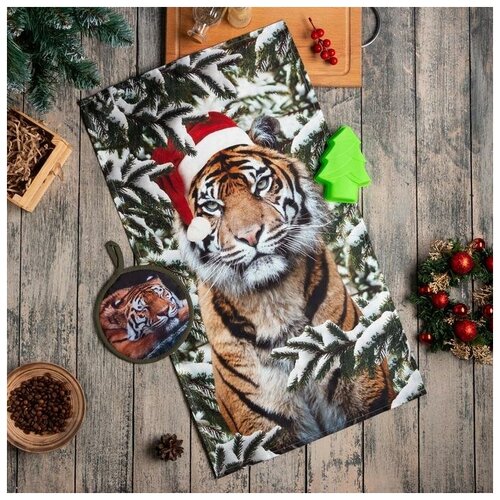 фото Набор подарочный tiger кухонное полотенце, прихватка, силиконовая форма этель