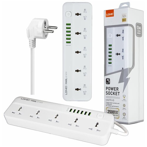 Сетевой фильтр LDNIO SC5614 Power Strip Surge Protector 2500W, 5 розеток, 6 USB, 2м, белый