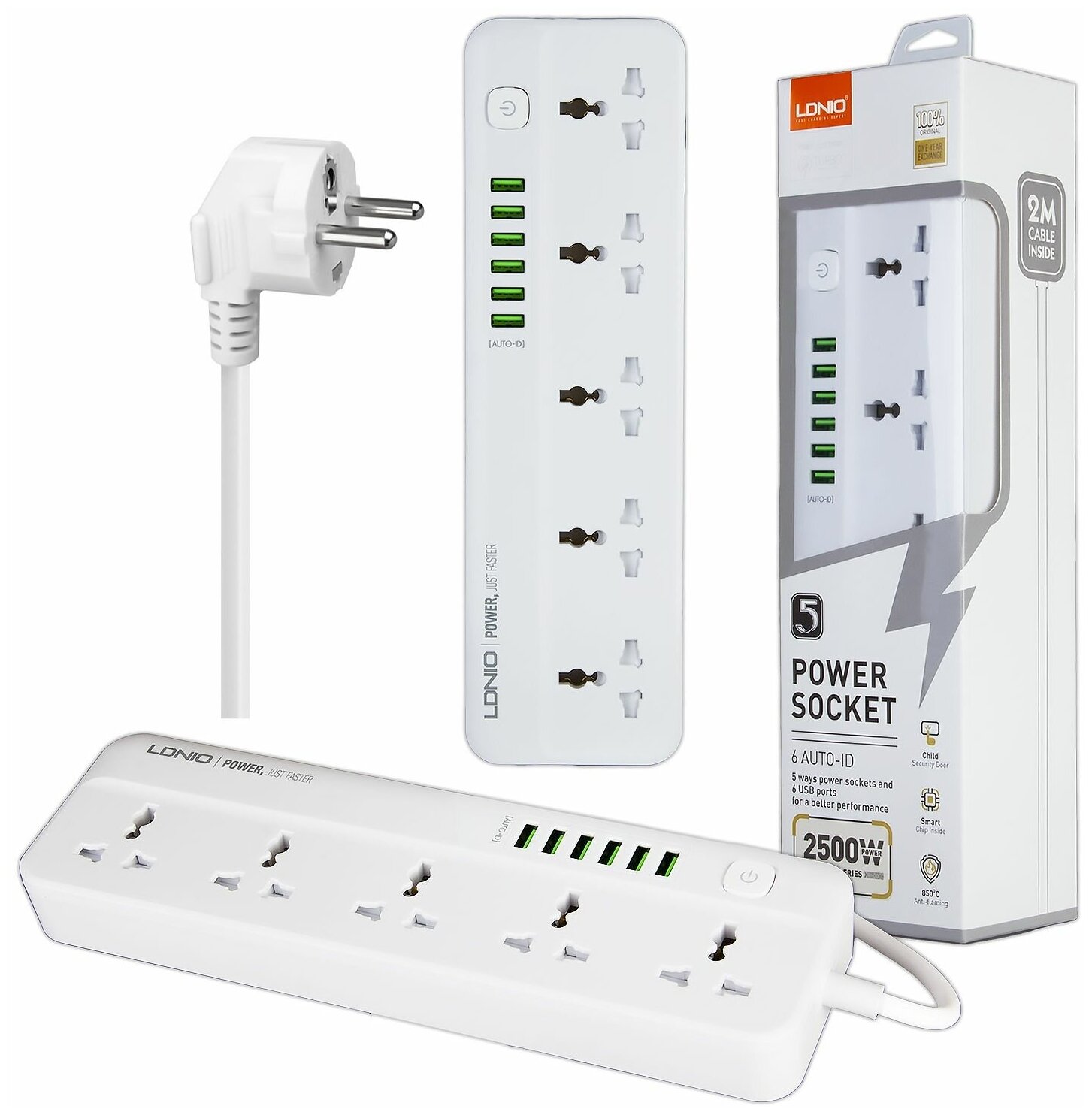 Сетевой фильтр LDNIO SC5614 Power Strip Surge Protector 2500W, 5 розеток, 6 USB, 2м, белый