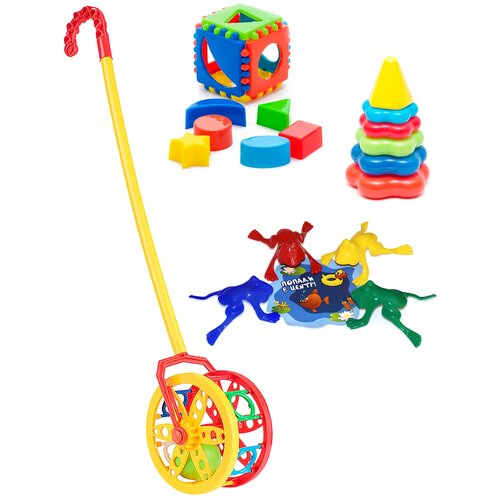 фото Набор развивающий: каталка "колесо" + кубик логический малый + пирамида детская малая + команда ква №1 karolina toys