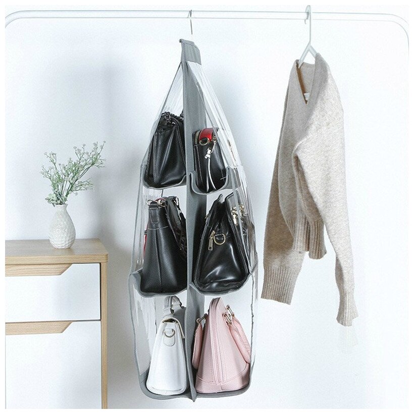 Подвесной органайзер для хранения сумок и вещей серый - фотография № 6