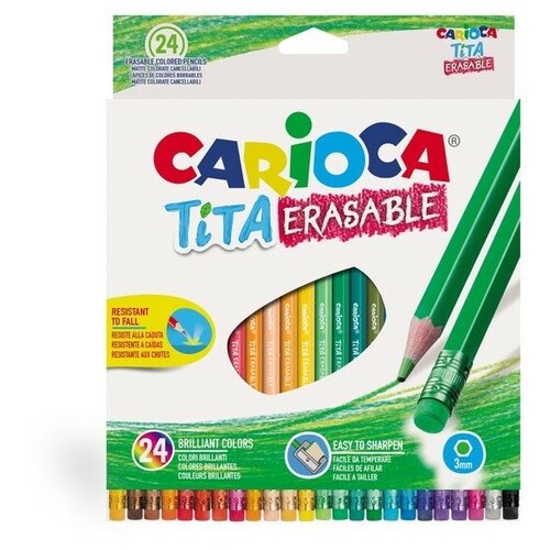 CARIOCA Карандаши 24 цвета Carioca Tita Erasable, стираемые, 3.0 мм, шестигранные, пластиковые, с ластиком, картон, европодвес