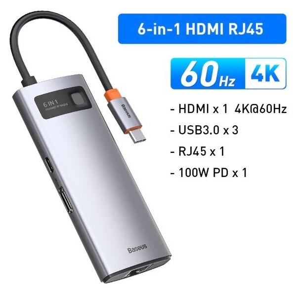 Хаб USB-концентратор Baseus 4K@60Hz 6-in-1 STARJOY 6-PORT TYPE-C HUB ADAPTER Gray (WKWG080013)
