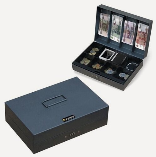 Изображение товара Ящик для денег, ценностей, документов, печатей Brauberg 80х195х290 мм, кодовый замок, темно-серый "металлик"