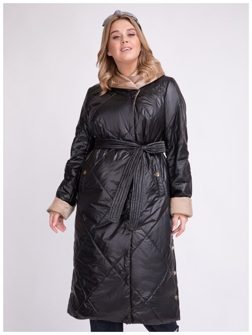 куртка  Electrastyle, демисезон/зима, удлиненная, силуэт прямой, подкладка, капюшон, пояс/ремень, размер 56, черный