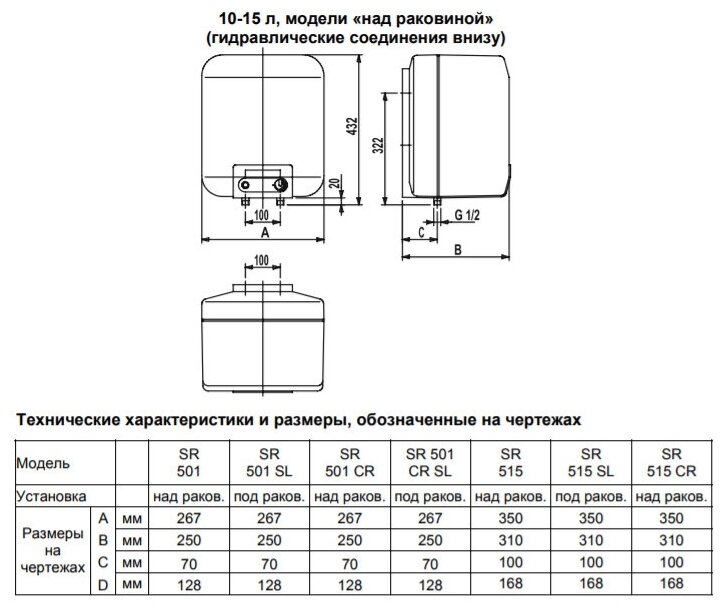 Водонагреватель электрический настенный вертикальный R 515, 15 л. над раковиной, Baxi A7110905/7110905-- - фотография № 2