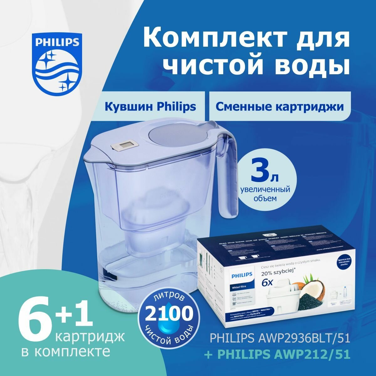 фото Комплект: кувшин Philips AWP2936BLT/51, 3 литра, цифровой таймер + сменные картриджи Philips AWP212/51, 6 шт