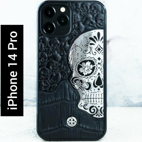 Чехол iPhone 14 Pro - Mexican Katrina's Skull LUX Black - череп - крокодил