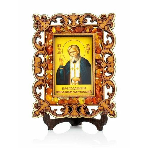 Икона Преподобный Серафим Саровский в резной деревянной оправе с магнитом, украшенная янтарём