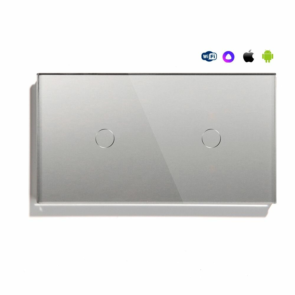 Сенсорный выключатель Wi-Fi с нулем, 2 клавиши 2 поста (1G+1G), стекло 157х86мм, цвет серый