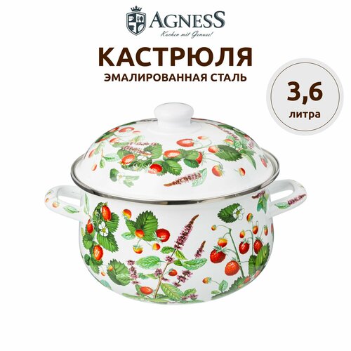 Кастрюля эмалированная 3,6 литра Agness "Фруктовая корзина" для всех видов плит 22 х 13 см красный, белый, зеленый