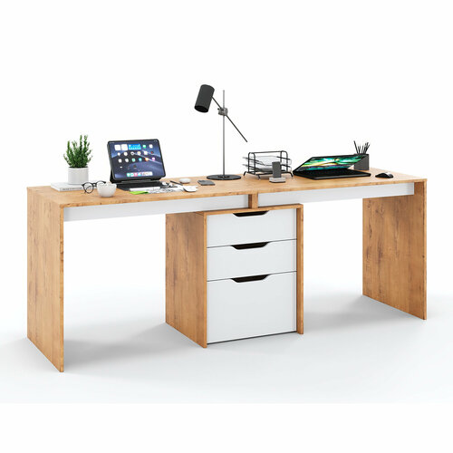Письменный стол для двоих, двойной, с тумбой, с ящиками Grand Лаворо 180х60х75 см (Дуб бунратти/Белый)