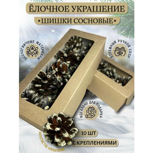 Набор ёлочных игрушек "Шишки в Снегу" с золотыми блестками 10 штук, с креплением золотистый, белый