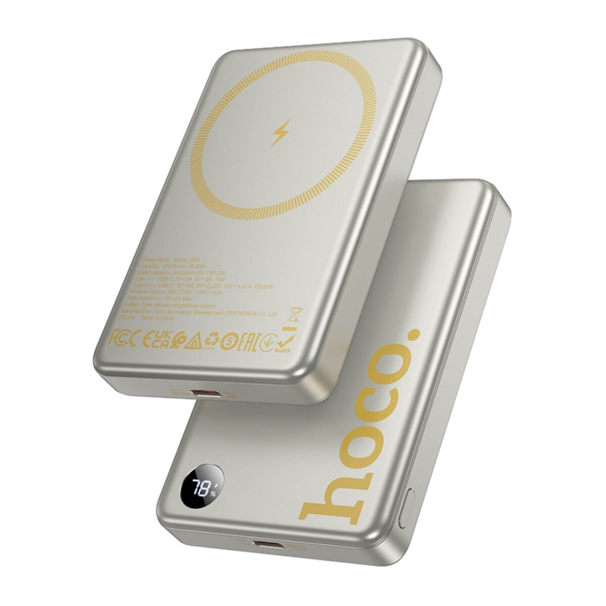 Внешний магнитный беспроводной аккумулятор Hoco Clever Aluminum alloy Q34, 10000 mAh, Qi15W/PD20W, titanium gold