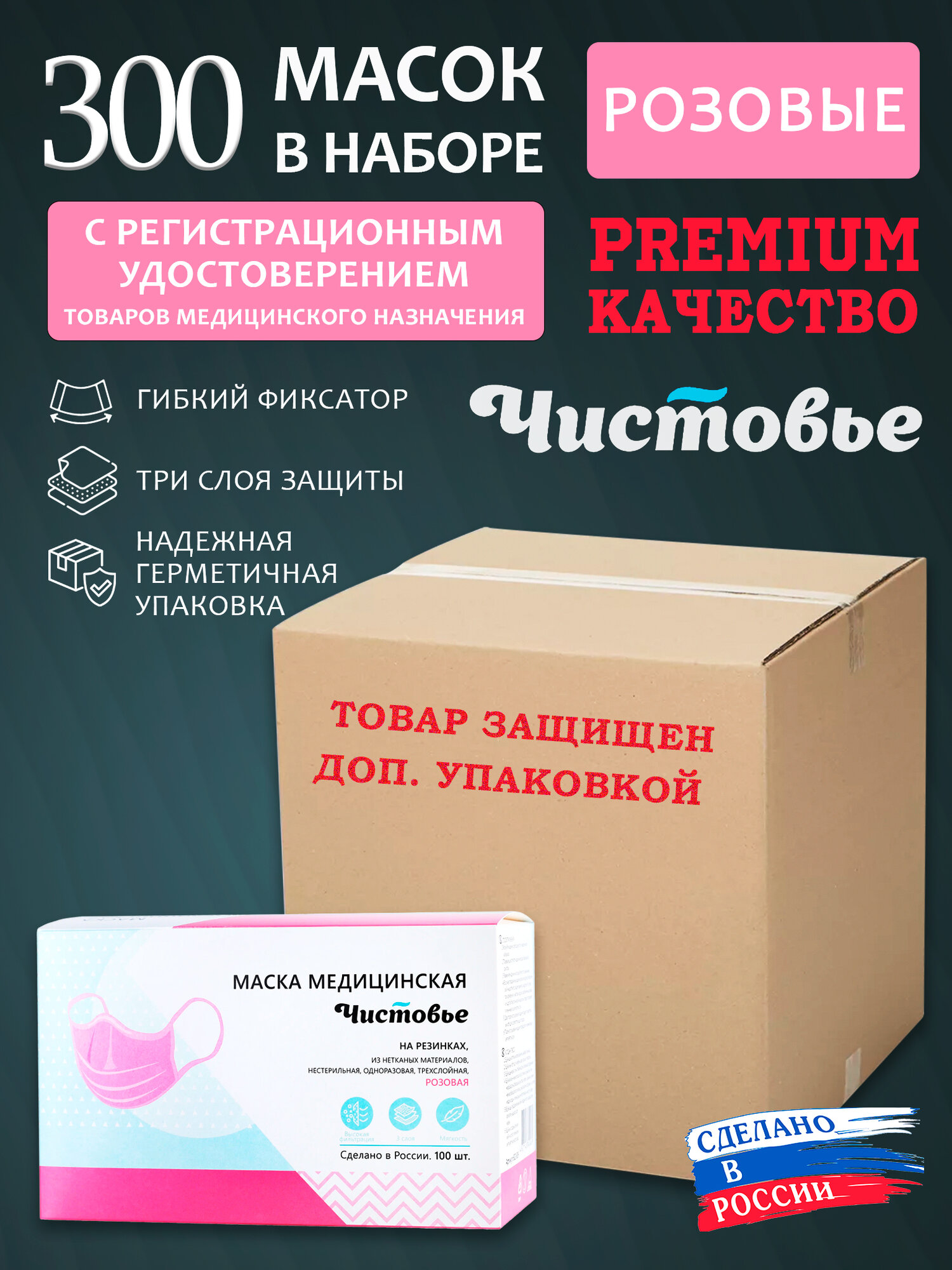 Маски медицинские одноразовые розовые 300шт. (3 упак.)