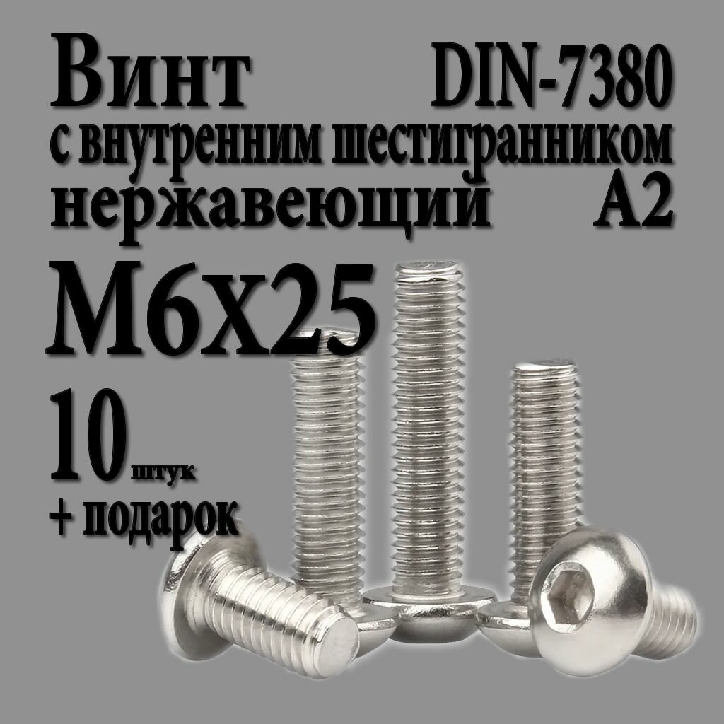 Винт с полукруглой головкой и внутренним шестигранником М6Х25 (M6X25 шаг 1.0) DIN 7380 нержавеющий А2 10 шт.