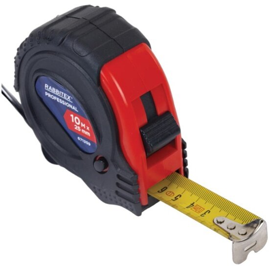 Измерительная рулетка Rabbitex (раббитекс) 10 м х 25 мм обрезиненный корпус 3 фиксатора Professional 671359 (671359СН)