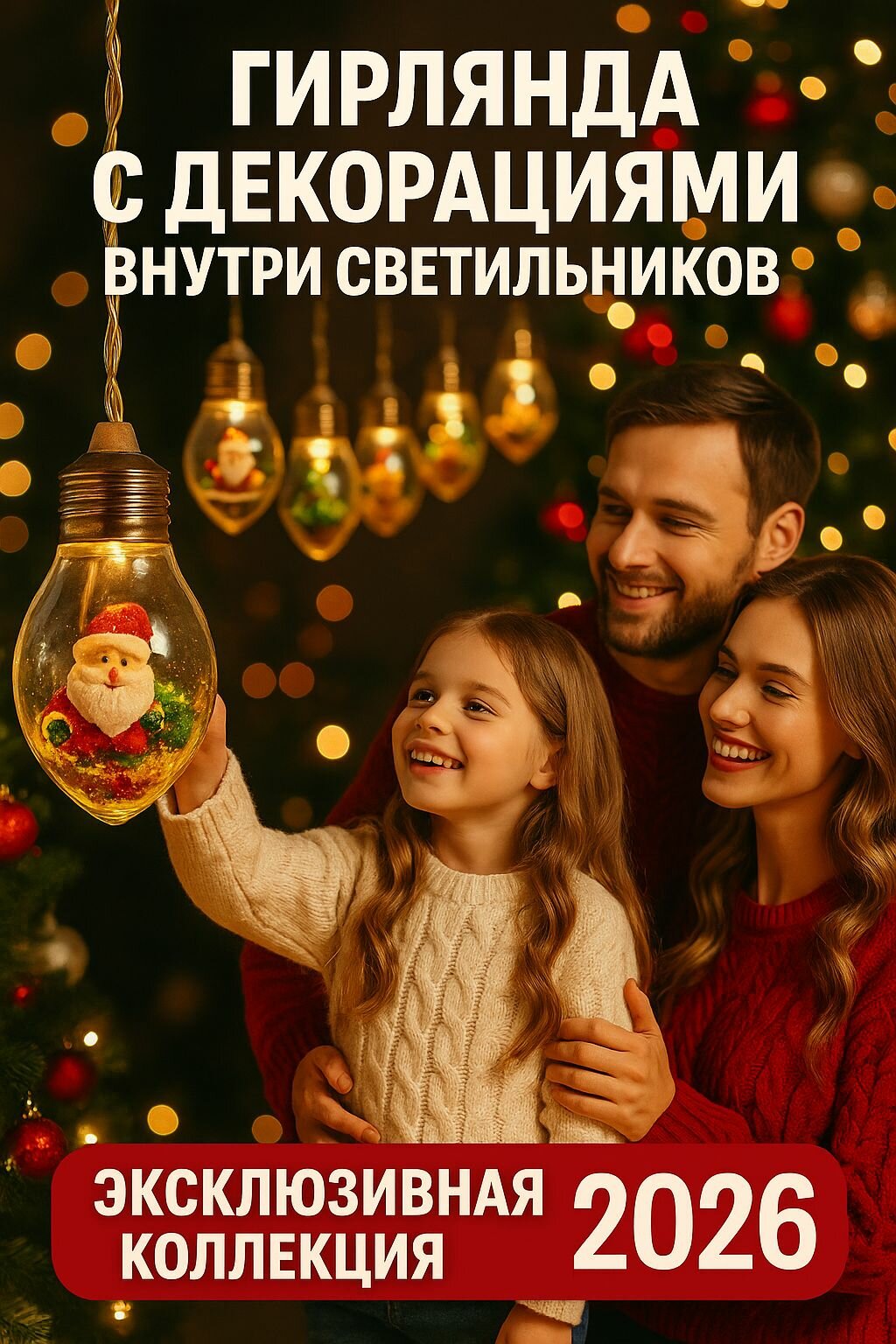 Гирлянда с фигурками Санты и снеговиков 6 метров, тёплый LED свет, декор 2026