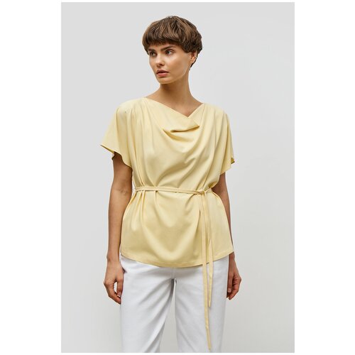фото Блуза baon, повседневный стиль, свободный силуэт, короткий рукав, пояс/ремень, без карманов, однотонная, размер 42, желтый