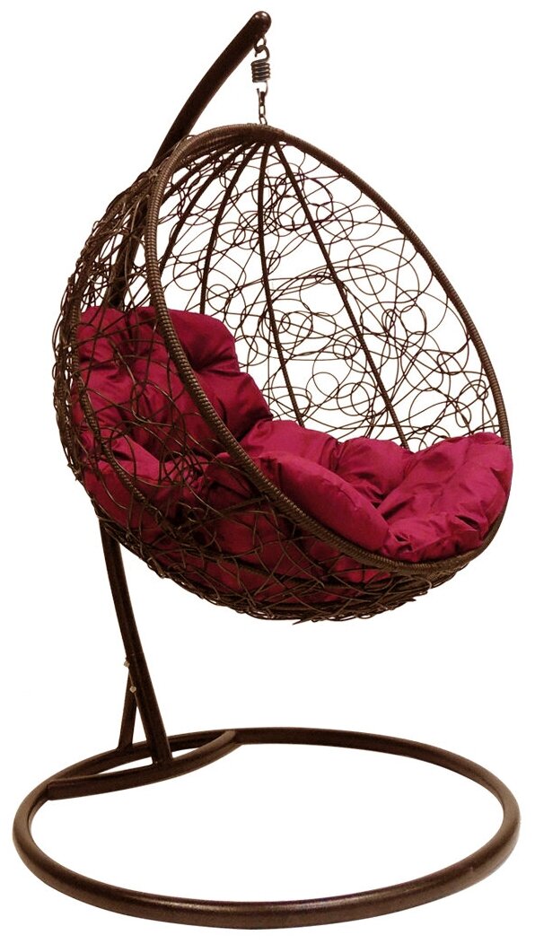 фото Коричневое подвесное кресло "круглое" с ротангом, с бордовой подушкой