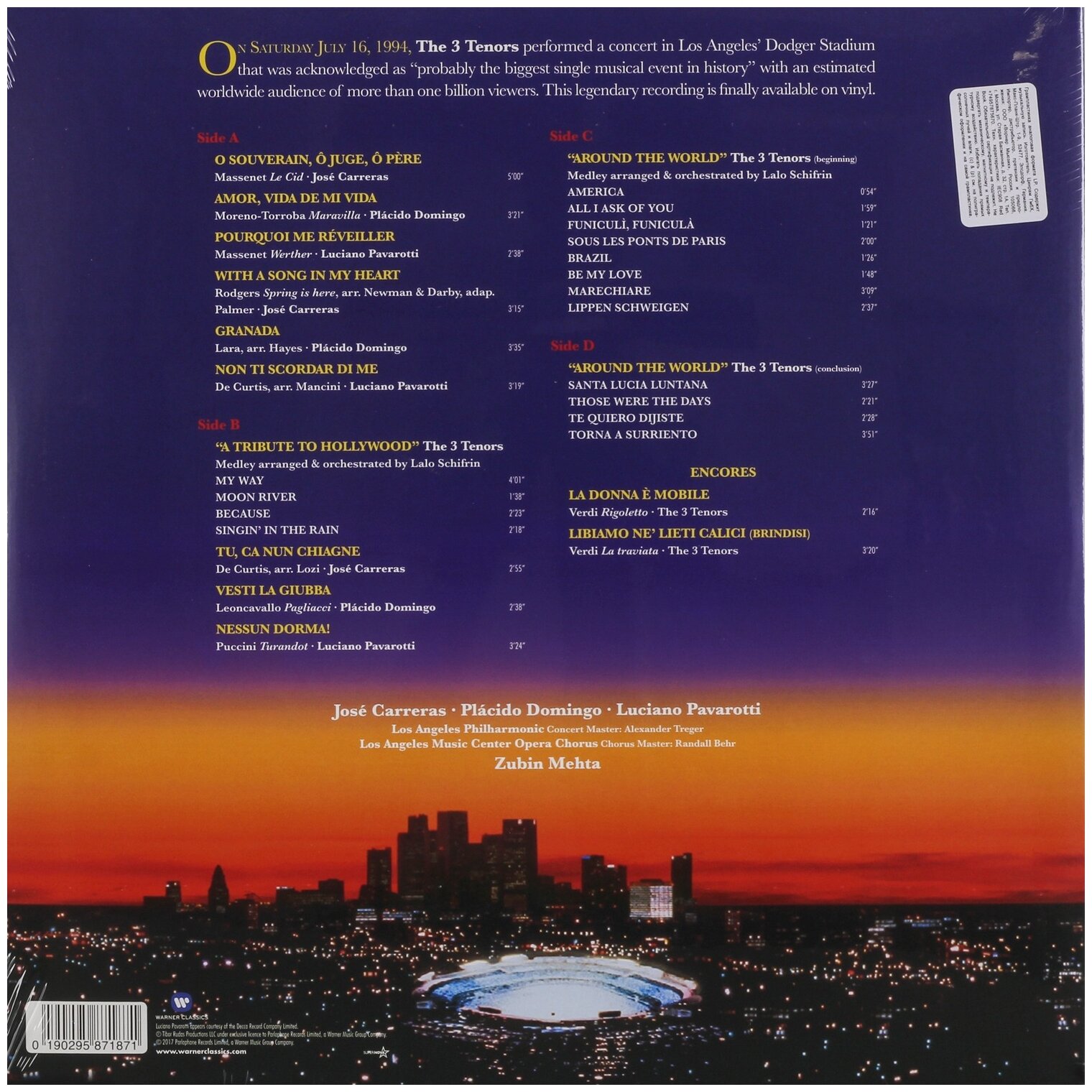 The Three Tenors in Concert 1994 Виниловая пластинка Warner Music - фото №2