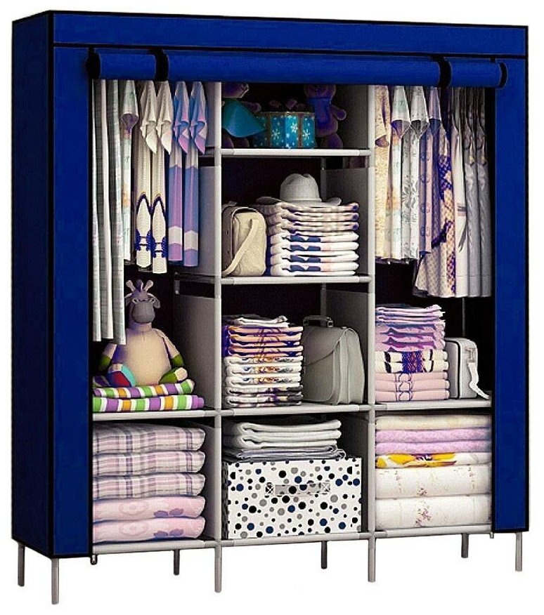 Складной каркасный тканевый шкаф STORAGE WARDROBE 175*130*45 см синий - фотография № 18