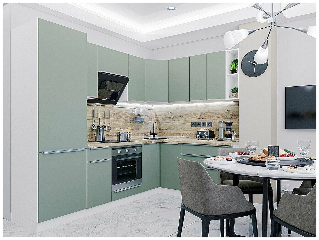 фото Кухонный гарнитур Фьюжен, Зеленый матовый, 2600/1800 мм
