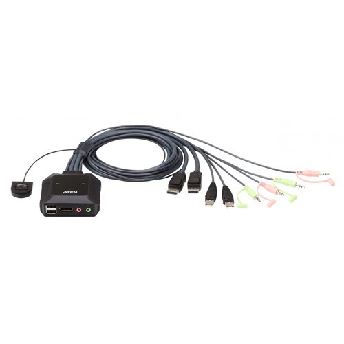 Переключатель KVM ATEN (CS22DP-AT) KVM, 1 user USB+DisplayPort+AUDIO => 2 cpu USB+DisplayPort+AUDIO, со встр.шнурами USB 2x1.2м., 2560x1600, настол