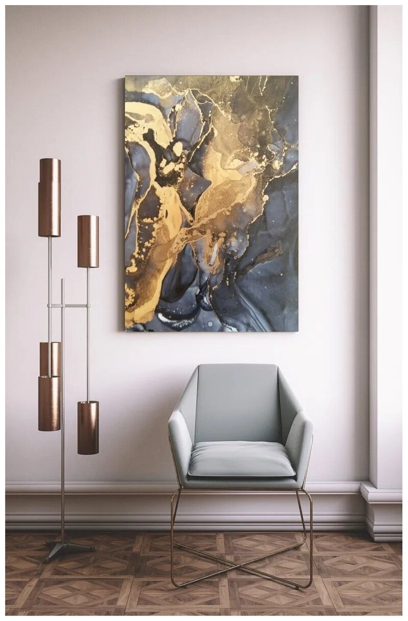 Интерьерная картина на холсте натянутая на подрамник / 60х80 / "Черно-золотая абстракция" №2 / в кухню / в спальню / в гостиную / на стену