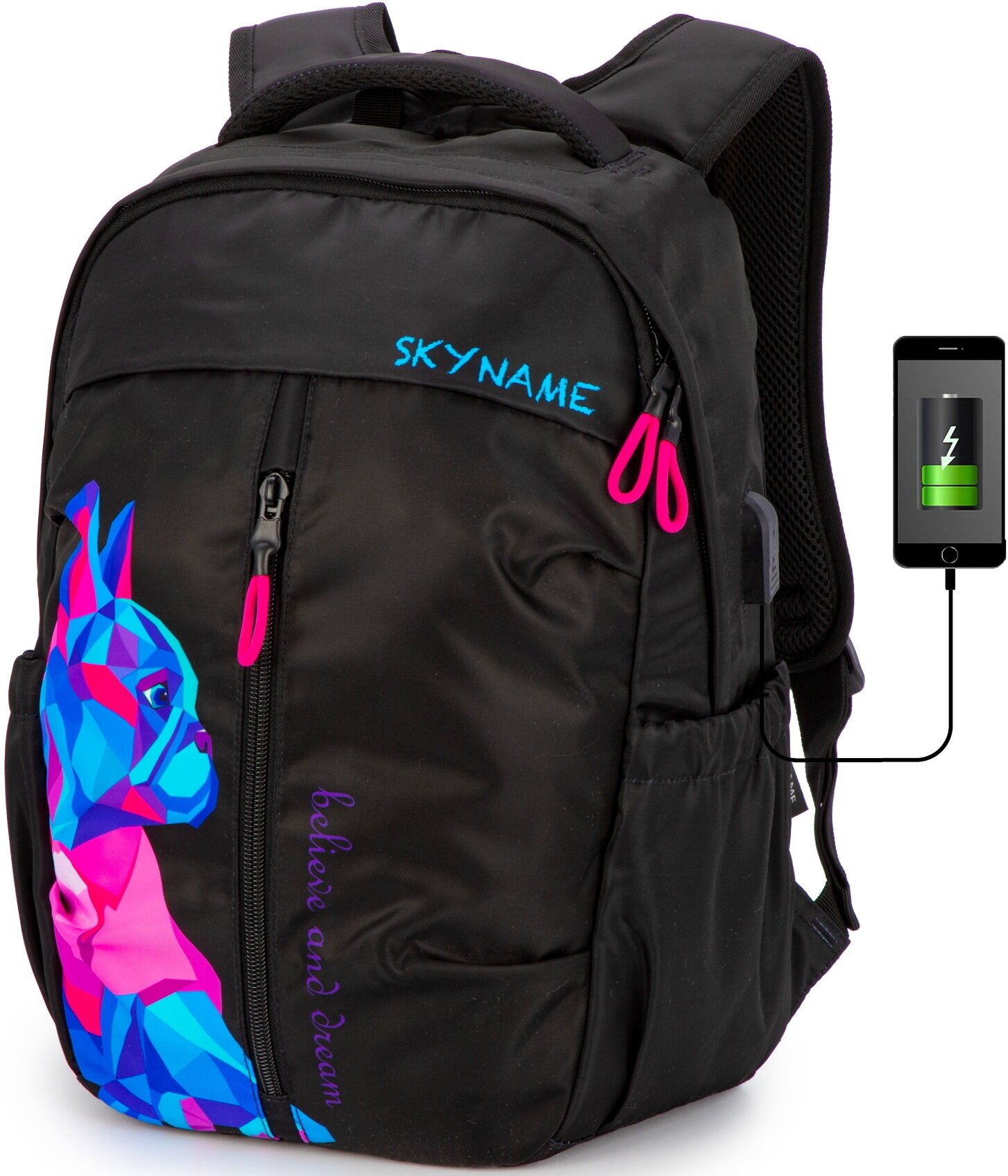 Рюкзак школьный для подростка, 20л, А4 для ноутбука, черный городской для девочки, SkyName (СкайНейм), с анатомической спинкой и USB-слотом