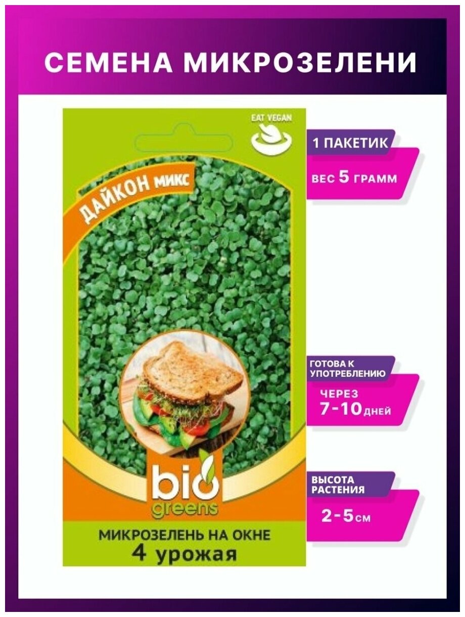 Микрозелень Дайкон микс 5 г серия bio greens Н19 /Микрозелень семена / Гавриш / семена микрозелени / семена микрозелени набор 1 уп