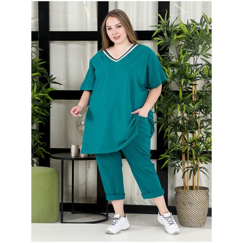 фото Костюм zoya, туника и брюки, повседневный стиль, оверсайз, карманы, размер 68, зеленый