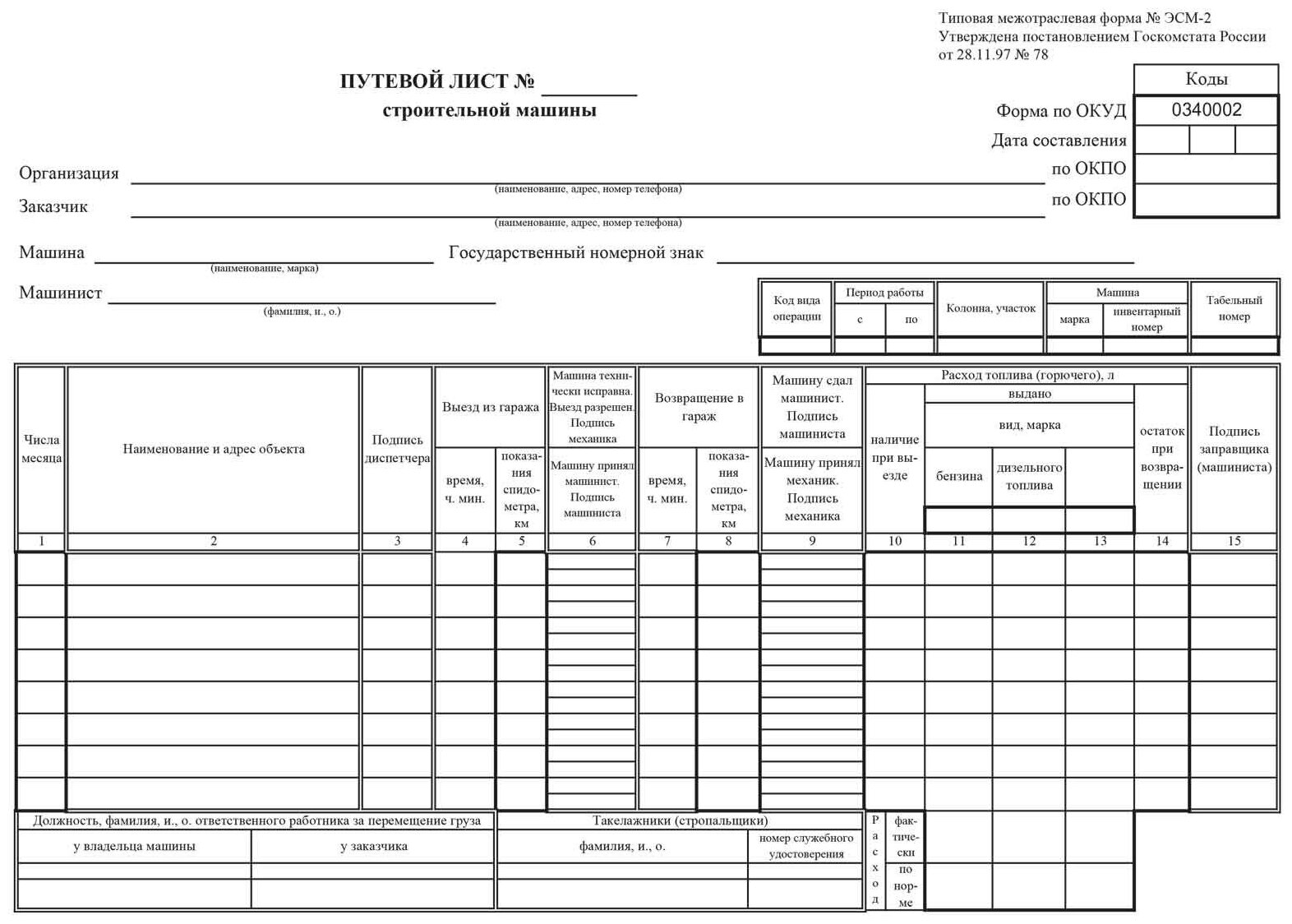 Путевой лист строительной машины (Форма ЭСМ-2)